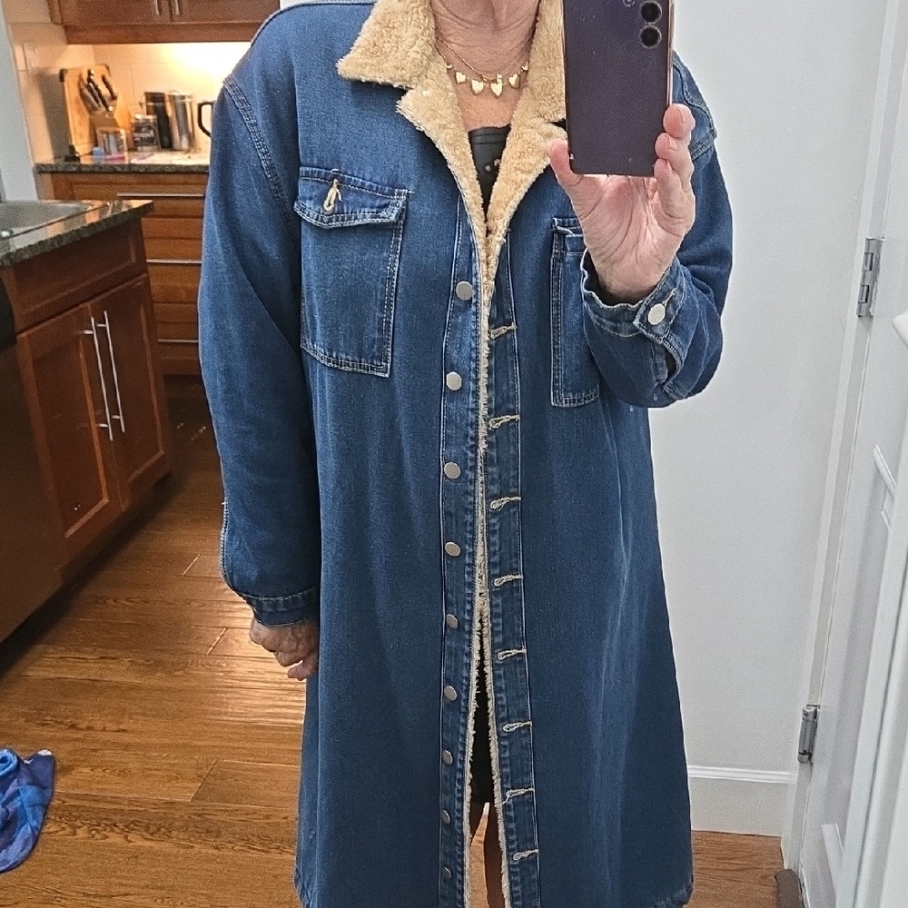 Denim Sherpa-Lined Long Jacket. This Jacket Is Warm  And Very Slimming!
